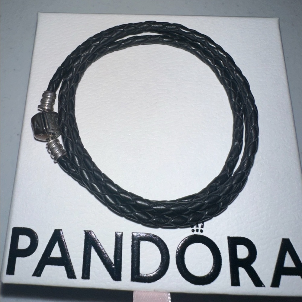 Pandora Double Braided Black Leather Charm Bracelet